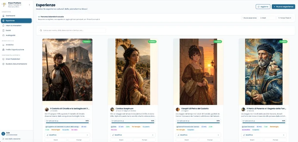 Glooci Platform Admin Console : grille des expériences culturelles